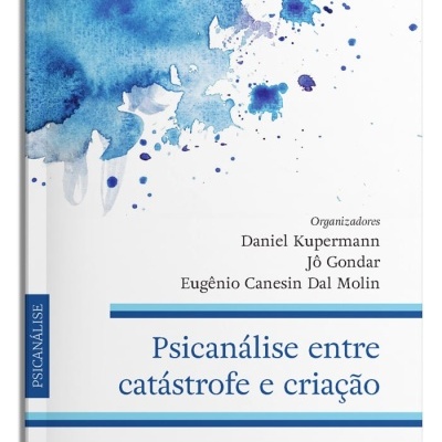 Capa de livro Psicanálise entre catástrofe e criação com manchas em tinta azul aquarela