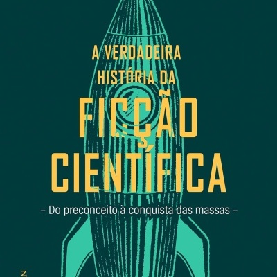 Capa de livro verde com foguete azul e texto em amarelo sobre ficção científica.