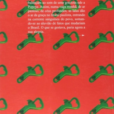 Contracapa de livro vermelha com padrão de abridores de lata verdes e texto em português