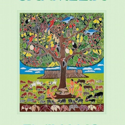 Capa de livro verde com título e ilustração de árvore e animais