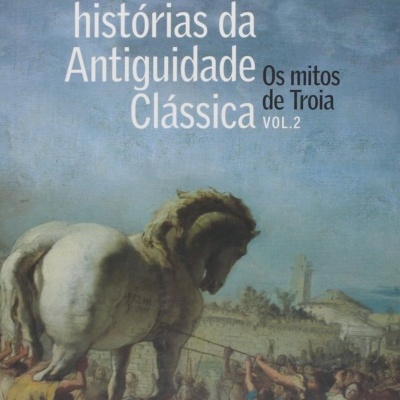 Capa de livro com cavalo de madeira e texto em branco e preto em fundo azul