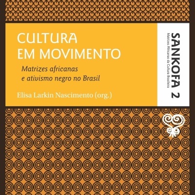 Capa de livro com padrão circular castanho e texto CULTURA EM MOVIMENTO em amarelo