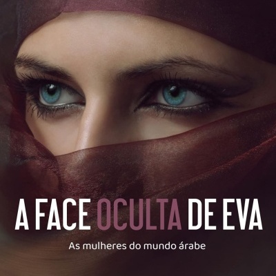 Capa de livro com rosto feminino coberto por véu castanho e olhos azuis visíveis