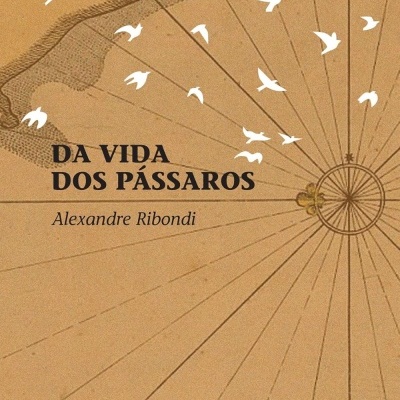 Capa de livro em tons castanhos com bússola e pássaros brancos em voo