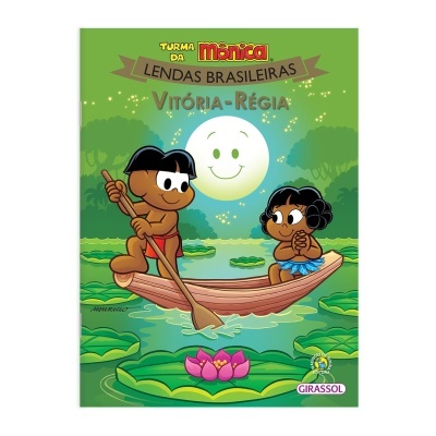 Capa de livro Turma da Mônica Lendas Brasileiras Vitória-Régia com personagens numa canoa em lago com nenúfares e lua sorridente.