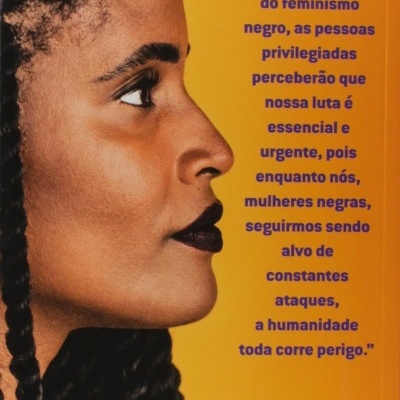 Capa amarela de livro com rosto de mulher negra de perfil e texto em azul.
