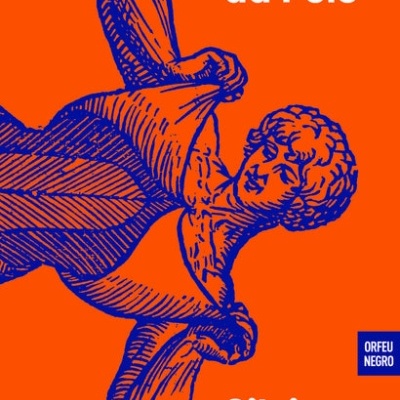 Capa de livro laranja com ilustração azul de pessoa puxando roupa e textos em branco.
