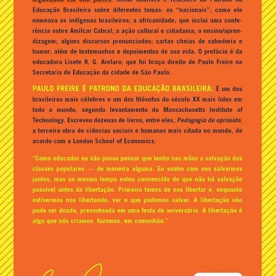Contracapa de livro laranja com texto amarelo e preto sobre Paulo Freire