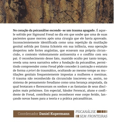 Contracapa de livro com arte abstrata e texto em português sobre psicanálise.