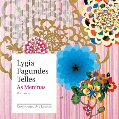 Capa de livro com padrão floral colorido e fundo rosa listrado.