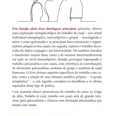 Contra-capa de livro com desenho minimalista de casal e texto em português.
