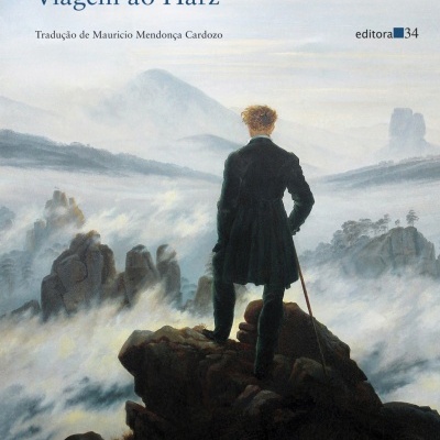 Capa de livro Viagem ao Harz de Heinrich Heine com paisagem de montanha e figura masculina de costas