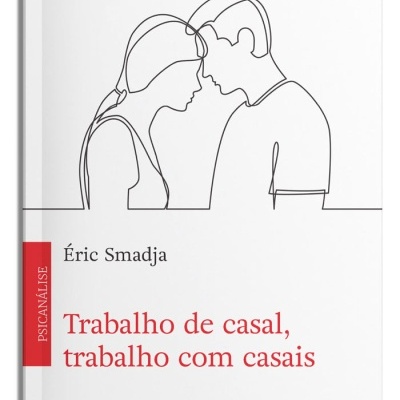 Capa de livro branca com desenho linear de um casal e títulos em vermelho e preto