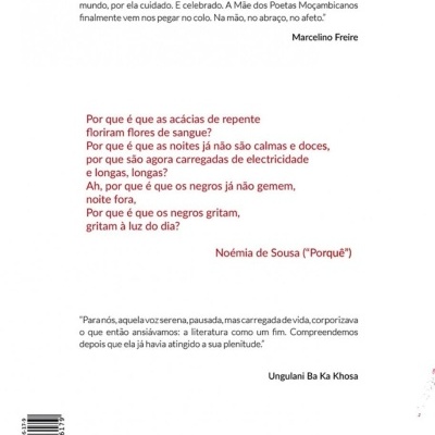 Página com textos em português, incluindo citações de Marcelino Freire, Noémia de Sousa e Ungulani Ba Ka Khosa, código de barras e borda vermelha
