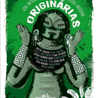 Capa de livro verde com ilustração de mulher indígena e texto Originárias