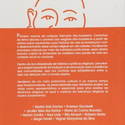 Capa de livro com padrões tribais e texto em português sobre religiões afro-brasileiras