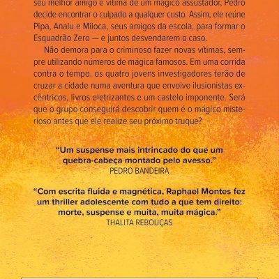 Verso de livro com texto em português e elemento gráfico colorido em fundo laranja e amarelo