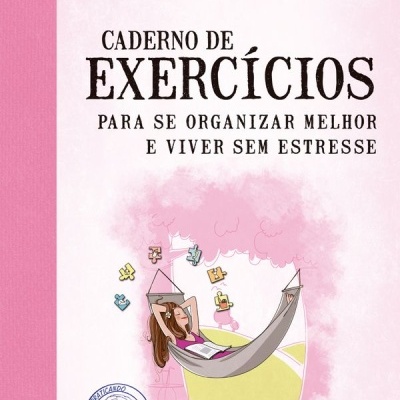 Capa de livro rosa com mulher deitada numa rede e texto sobre organização e estresse