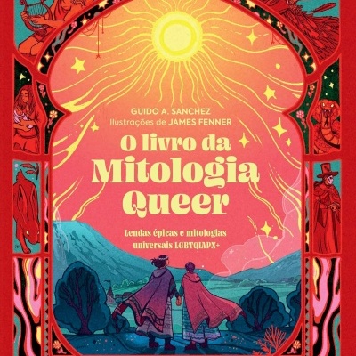 Capa de livro o livro da Mitologia Queer com ilustrações coloridas e texto em amarelo