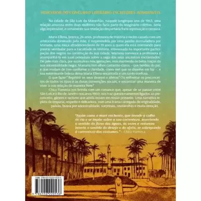 Contracapa de livro amarelo com ilustração castanha de palmeiras e casas coloniais mais texto em português