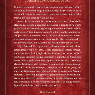Contra-capa de livro com texto em português sobre tarot, fundo vermelho texturizado e borda dourada.
