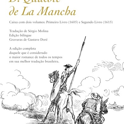 Capa do livro D. Quixote de La Mancha de Miguel de Cervantes Saavedra com ilustração a preto e branco de dois cavaleiros a cavalo.