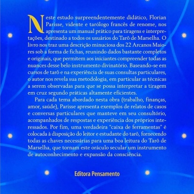 Contracapa azul de livro sobre Tarô de Marselha com texto descritivo e código ISBN