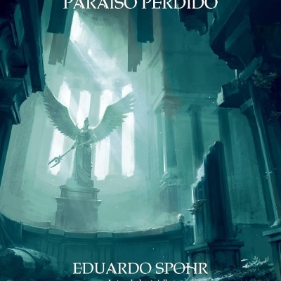 Capa de livro com estátua de anjo e arquitetura antiga em tons verdes