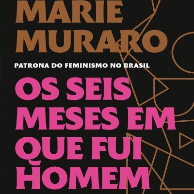 Capa preta de livro com texto em castanho, branco e rosa e linhas geométricas castanhas