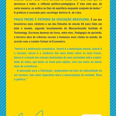 Capa traseira de livro amarelo com texto em português e borda azul listrada, código de barras e assinatura azul.