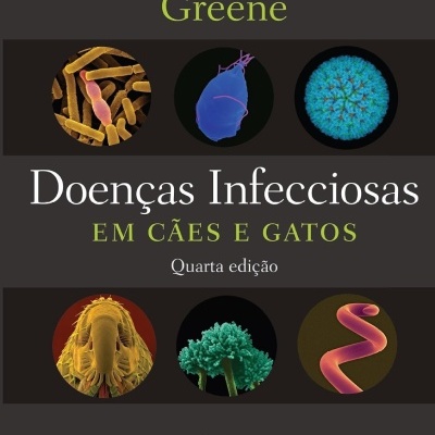 Capa de livro sobre doenças infecciosas em cães e gatos com imagens de microrganismos.