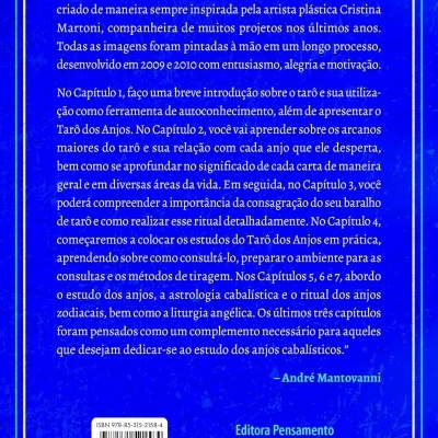 Contracapa de livro azul com texto sobre o Tarô dos Anjos e código de barras.
