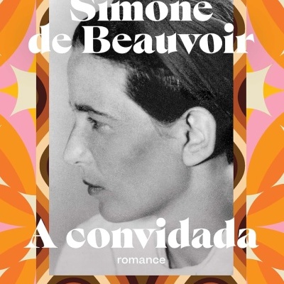 Capa de livro A convidada com fotografia a preto e branco e fundo colorido