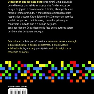 Capa traseira de livro com texto em português, padrão pixelizado colorido, código de barras e logo Blucher