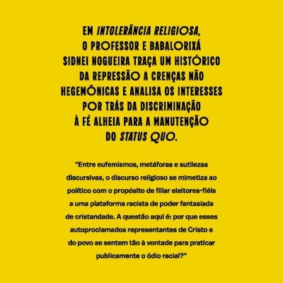 Verso de livro amarelo com texto em preto sobre intolerância religiosa e código de barras no topo