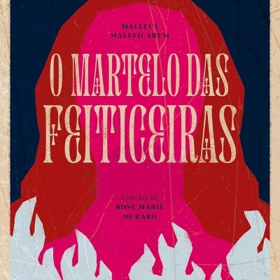 Capa do livro O Martelo das Feiticeiras com fundo azul e rosa, texto em destaque e elementos gráficos abstratos.