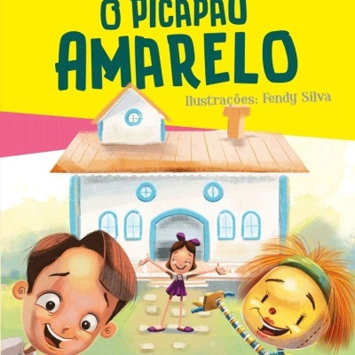 Capa do livro O Picapau Amarelo com ilustrações de personagens infantis e uma casa ao fundo