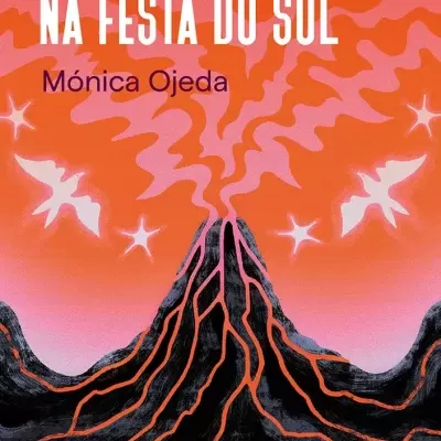 Capa de livro com vulcão e céu laranja com texto em português.