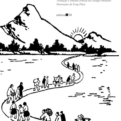 Capa de livro em preto e branco com ilustração de pessoas caminhando, montanhas e lago