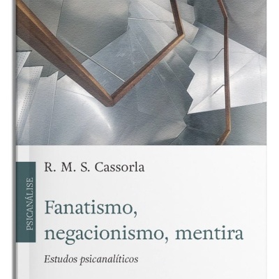 Capa de livro com título Fanatismo, negacionismo, mentira e imagem abstrata de escada cinza com corrimão castanho