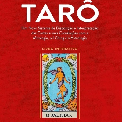 Capa vermelha de livro do tarô com carta O MUNDO e texto branco e amarelo.