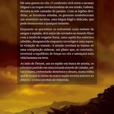 Contracapa de livro com texto em português e paisagem artística em tons castanhos e amarelos.