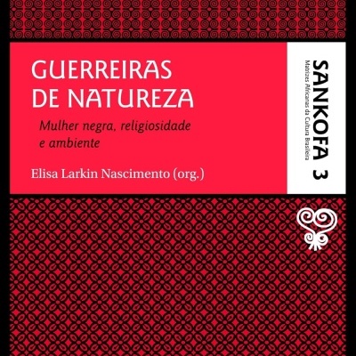 Capa de livro vermelha e preta com padrão e texto do título Guerreiras de Natureza