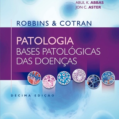 Capa de livro azul claro e roxo com texto de patologia e imagens microscópicas