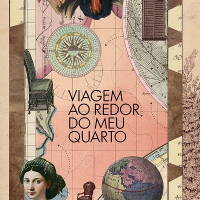 Capa de livro vintage com globo, bússola e retrato de mulher