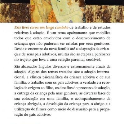 Parte de trás de livro sobre adoção com texto explicativo, arte de Klimt, código ISBN e logótipo Blucher.