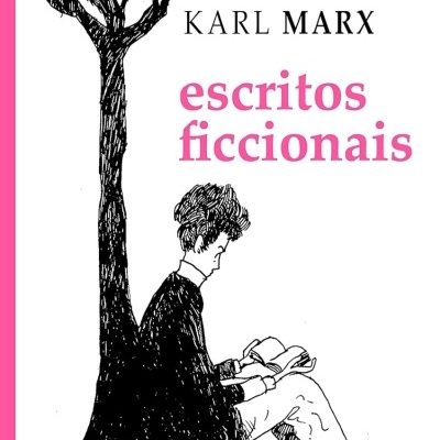 Capa do livro escritos ficcionais de Karl Marx com ilustração em preto e branco e texto em rosa e preto.
