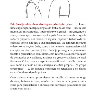 Parte traseira de livro com ilustração de casal em linha e texto em português