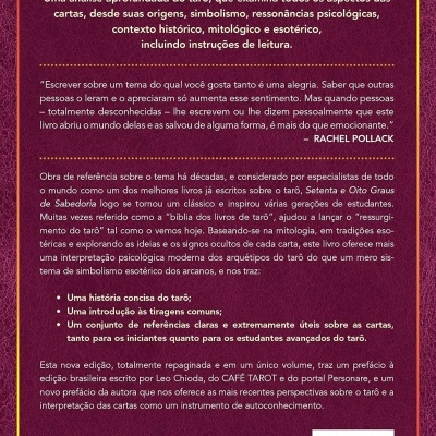 Capa traseira de livro roxa com texto descritivo em português sobre tarô e código de barras.