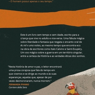 Contracapa de livro com texto em português e ilustração de papagaio colorido